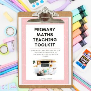 This picture is of a clipboard holding a primary maths teaching toolkit for 3rd-6th clas NQTs who want to grow their confidence in teaching maths. The clipboard is surrounded by colourful stationary.