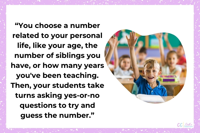 A slide with a quote from the previous paragraph detailing the first back to school maths game. A photo also of a small boy in a classroom, sitting at a desk with his hand up and a smile on his face.