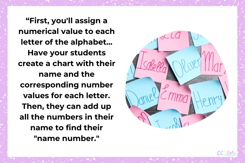 A quote from the previous paragraph detailing the second back to school maths game with a picture of names written on pink and blue post-it notes.