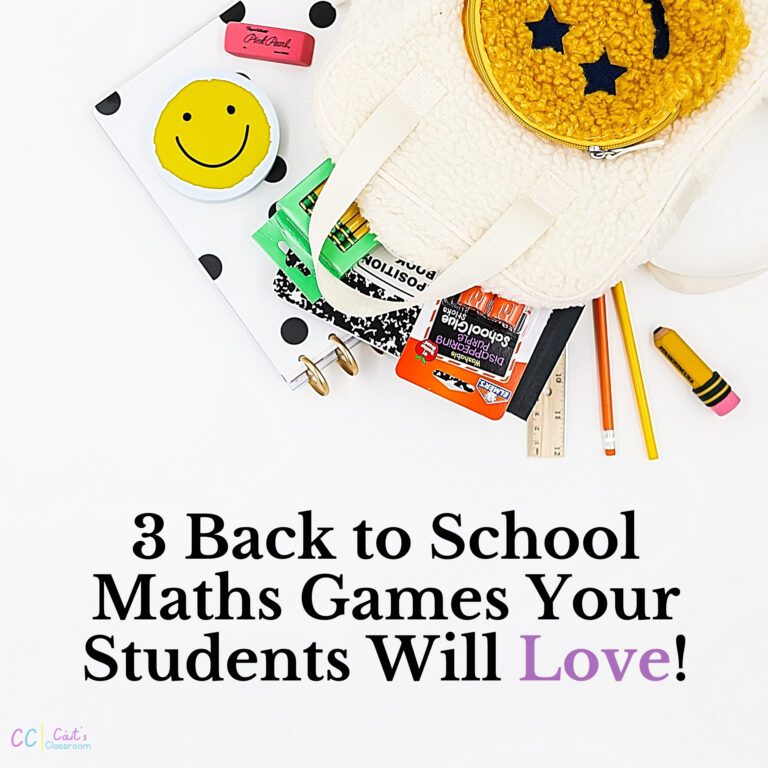 Colourful stationary falling out of a schoolbag with the blog title '3 Back to School Maths Games Your Students will Love' underneath it.