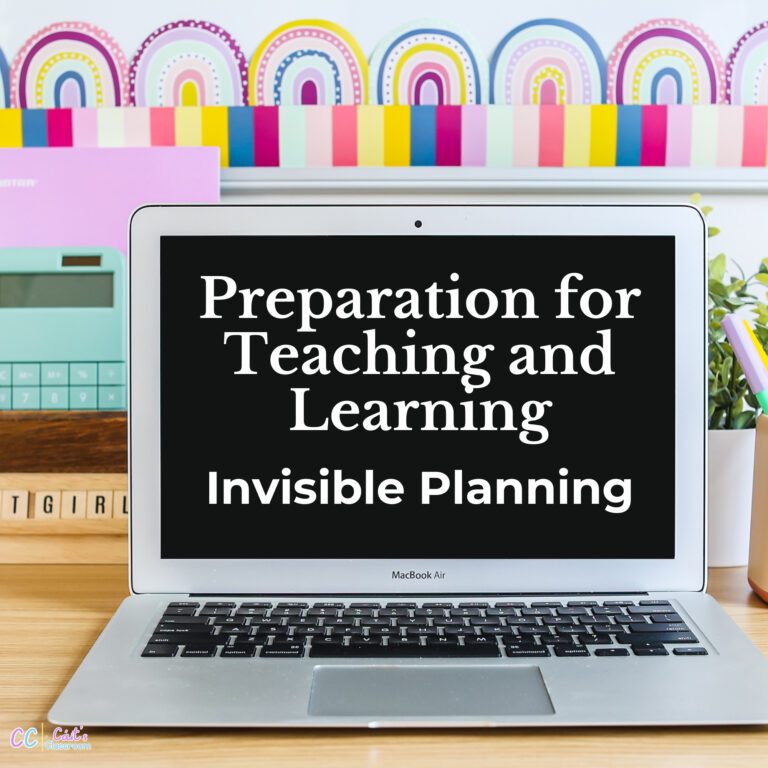 A laptop with a black screen that reads 'Preparation for Teaching and Learning: Invisible Planning".