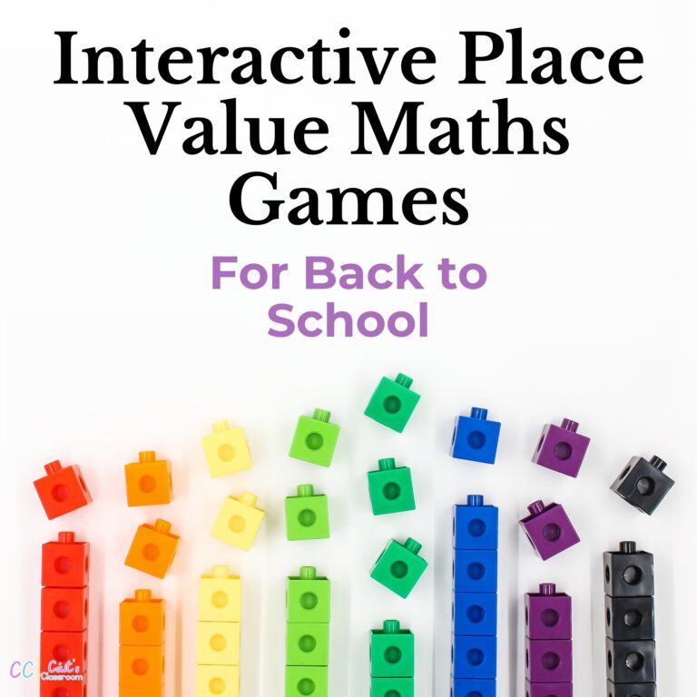 Blog post title thumbnail featuring unifix cubes and the words 'Place value Maths Games for Back to School'.