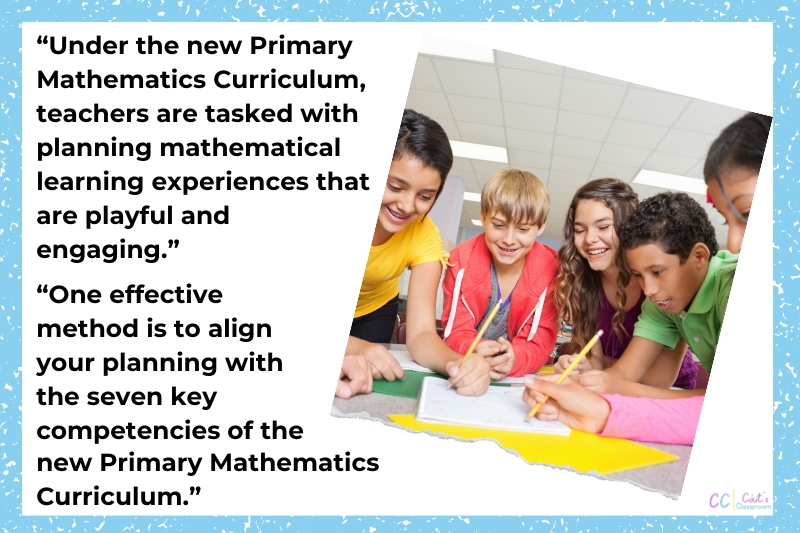 A photo of five children writing onto a white page with colourful paper on the desk. This image has a quote from the previous paragraph on preparation for teaching and learning beside it.