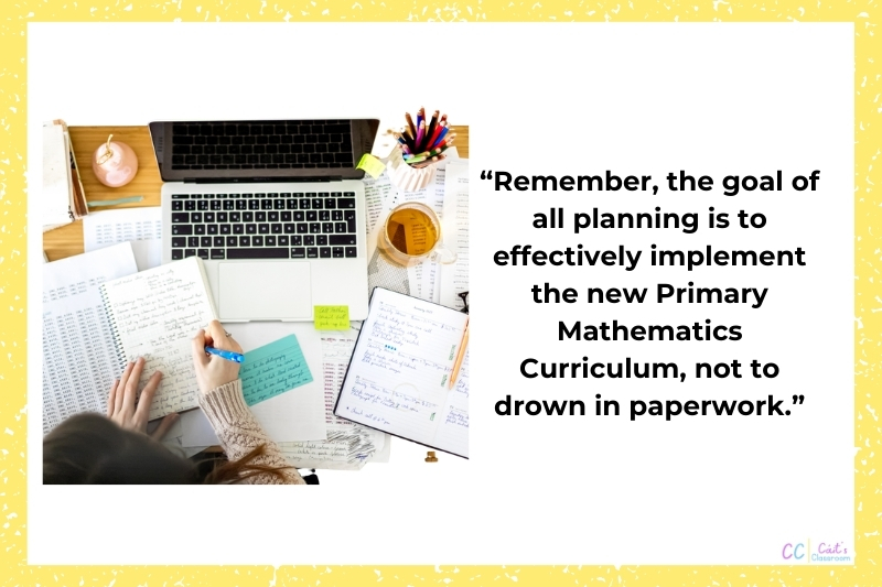 A final quote from the above paragraph on planning for teaching and learning with an image of a messy desk, full of papers, a laptop and a teacher's hands writing into a notebook.