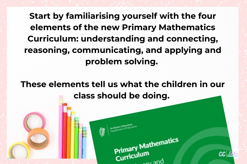 Another quote about preparation for teaching and learning describing the elements of the new Primary Mathematics Curriculum above an image of the curriculum book and colourful stationary.