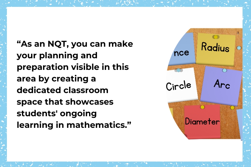 This image shows a noticeboard with maths vocabulary posted to it using sticky notes. There is another preparation for teaching and learning quote beside the visual.