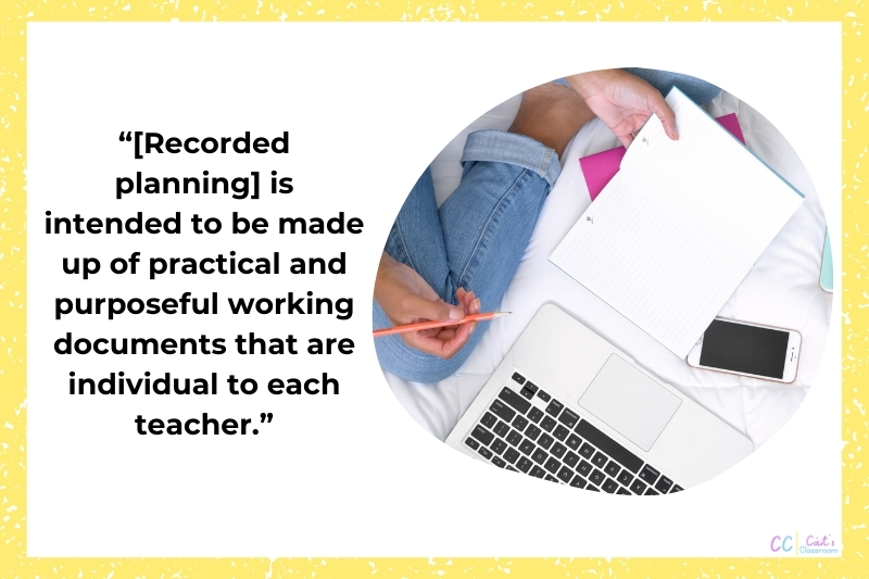 This image has a quote from the previous paragraph on preparation for teaching and learning and an image of a teacher's knee on a bed with a laptop, phone and pen and paper in front of her.