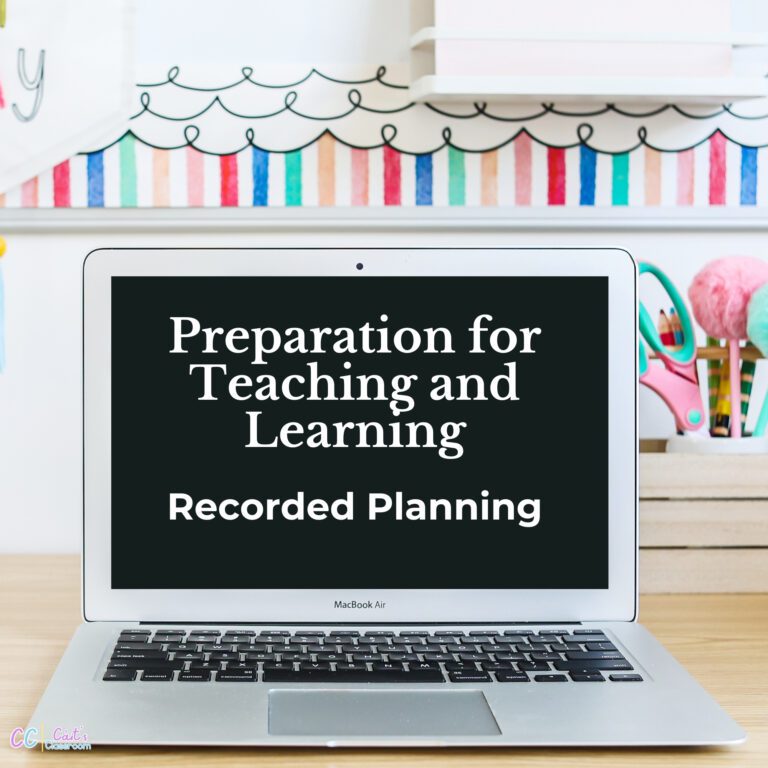 This image is of a laptop screen with the blog post title written on it 'Preparation for Teaching and Learning: Recorded Planning." The laptop is in front of a colourful rainbow background and there is a box of stationary beside it.