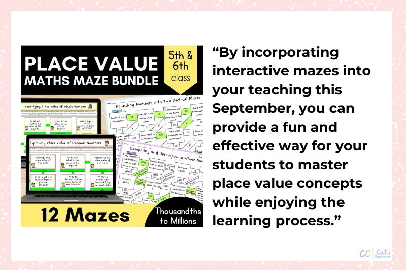 Place value maths games bundle picture showing quote from paragraph beside a cover of the maths maze product.