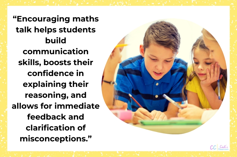 Paragraph text against yellow and white background with students talking on the theme on maths talk.