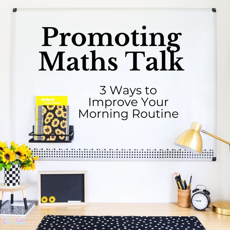 Maths Talk blog post cover photo. 'Promoting Maths Talk' is written on a whiteboard with sunflower themed decorations surrounding.