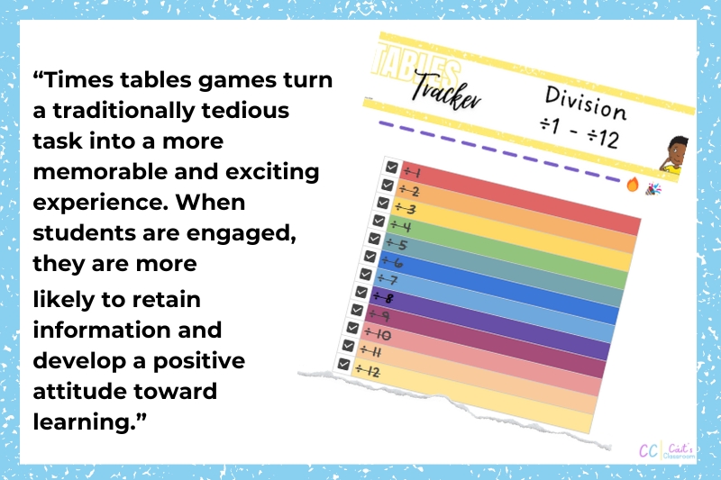 This photo has a quote on times tables games and their importance to engagement from the previous paragraph beside a colourful picture of a tables tracker.